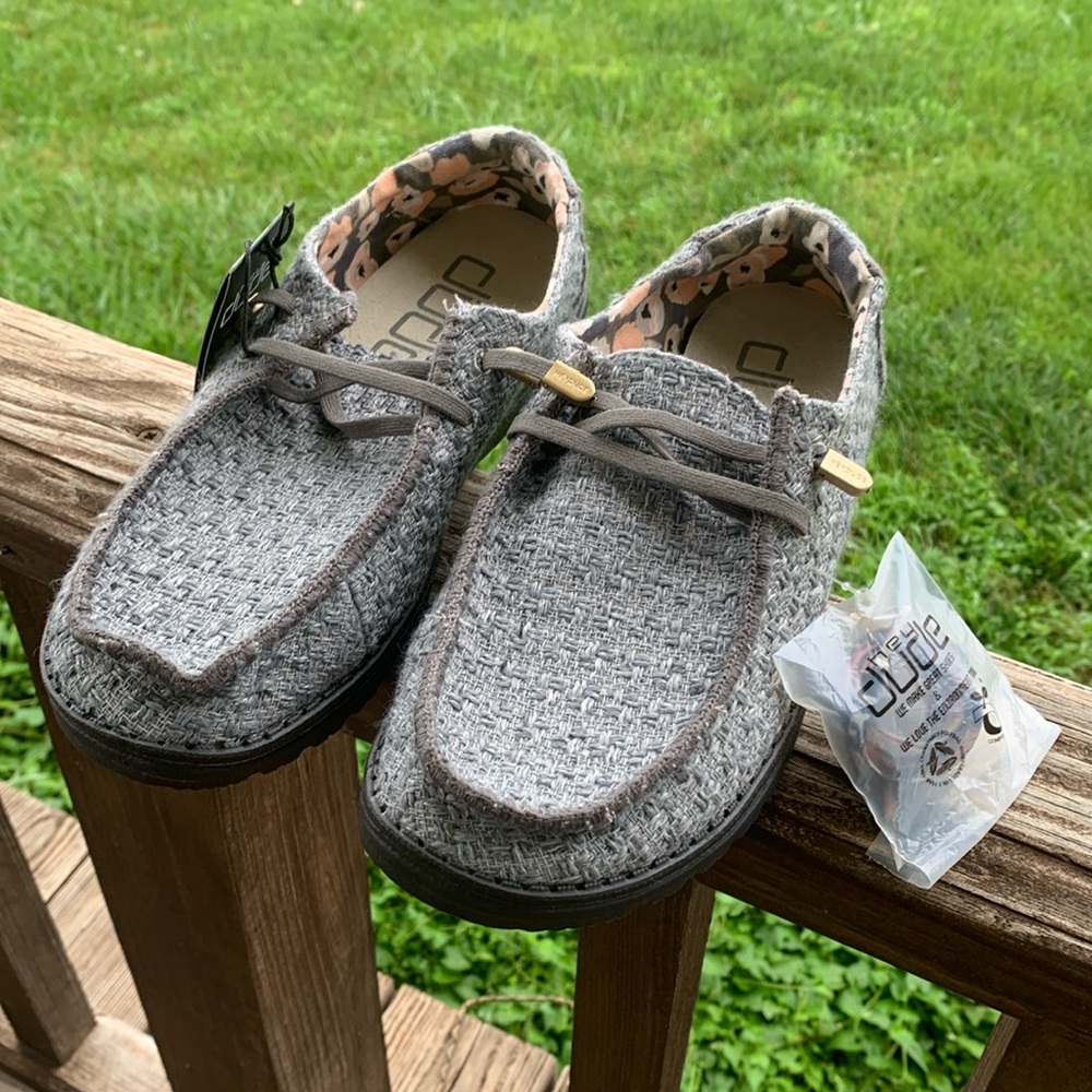 NWT Hey Dude Wendy shoes, Woven Cinder color (gray), women’s size 9.